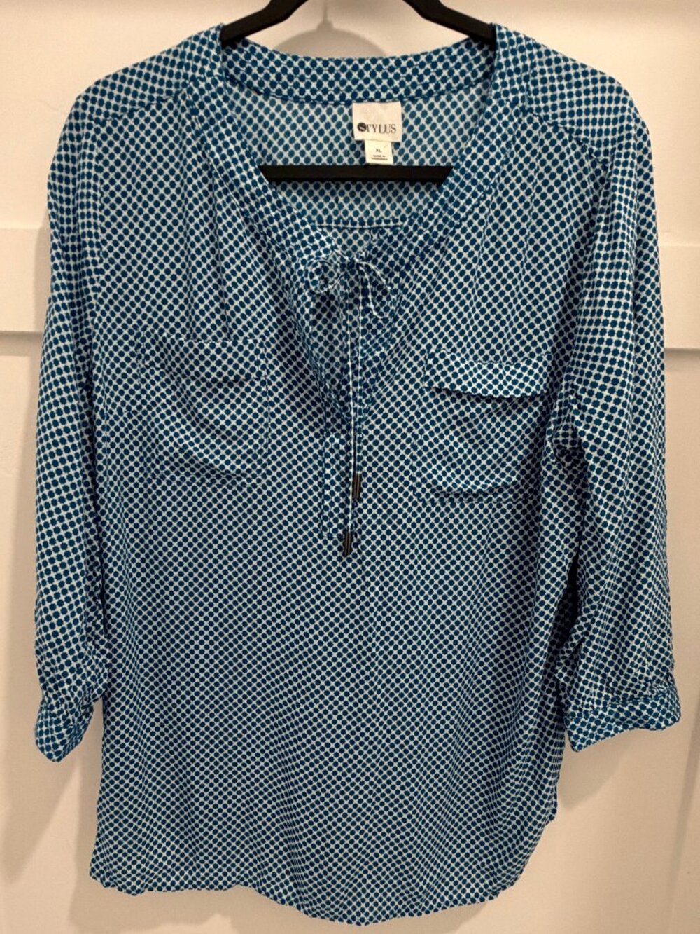 Stylus XL Blue Geometric Blouse Tie Neck Utility Pocket Roll Tab Sleeve Top